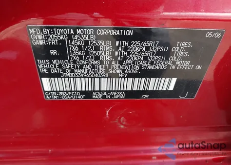 2006 Toyota Rav4 from USA, damaged, VIN JTMBD33V965040398